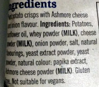 Lista de ingredientes del producto Kent Crisps Ashmore Cheese and Onion Kent Crisps 15 g
