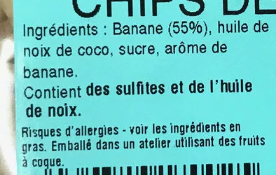 Lista de ingredientes del producto Chips de banane SnackTree 100 g