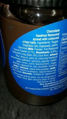 List of product ingredients M&M's spread with crispy pieces M&M's 350g