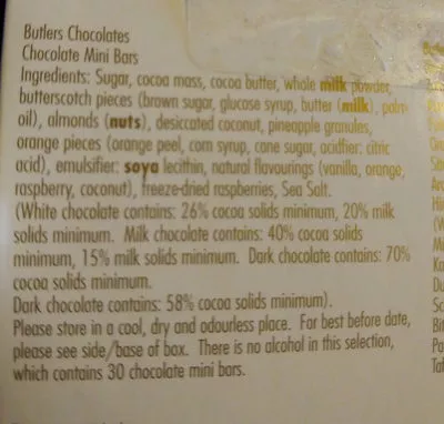 Lista de ingredientes del producto Butlers Chocolate mini bars Butlers 380g