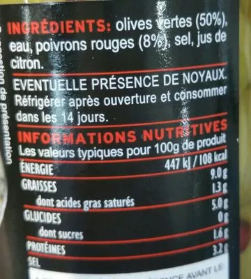 Liste des ingrédients du produit Olives Vertes Farcies Poivrons Rouge- Pot De 295g GAEA 