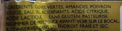 Liste des ingrédients du produit Olives Vertes Grecques farcies aux Amandes et au Poivron Rouge Elita 390 g / 215 g égoutté