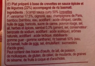 List of product ingredients Scampi Curry et Riz Basmati Carrefour 400 g