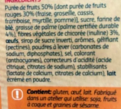 Liste des ingrédients du produit Barres Fourées - Fruits Rouges Delhaize 125 g e