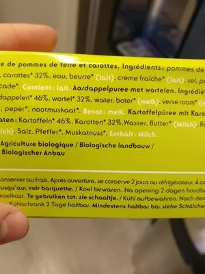 List of product ingredients Purée de pommes de terre aux carottes Delhaize 380 g