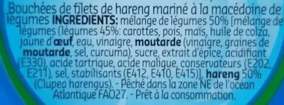 Lista de ingredientes del producto Bouchée de filet de Hareng mariné à la macédoine de légumes Delhaize 200g