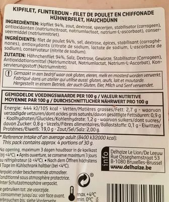 List of product ingredients Émincé de filet de poulet Delhaize 125g