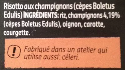 Lista de ingredientes del producto Risotto aux champignons Delhaize 280 g