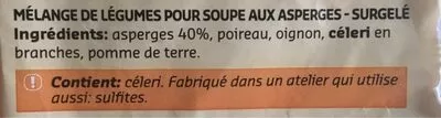 Lista de ingredientes del producto Mélange De Légumes Pour Soupe Aux Asperges Delhaize 600 g