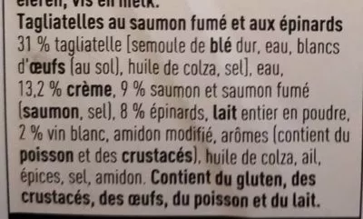 Lista de ingredientes del producto Tagliatelle au saumon et epinard Boni 450 g