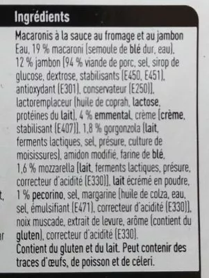 Liste des ingrédients du produit Macaroni jambon et 4 fromages Boni Sélection 400 g