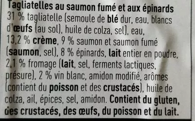 Liste des ingrédients du produit Tagliatelles au saumon et aux épinards Boni 450 g