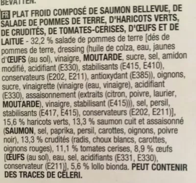 Liste des ingrédients du produit Salade saumon Bellevue Boni 