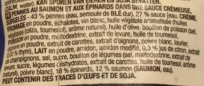 Liste des ingrédients du produit Penne saumon et épinards sauce crémeuse Boni 