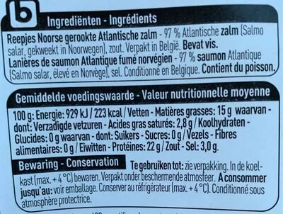 List of product ingredients Lanières de saumon Atlantique fumé Boni 150 g