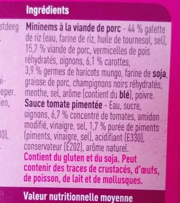Liste des ingrédients du produit Nems au porc Boni 