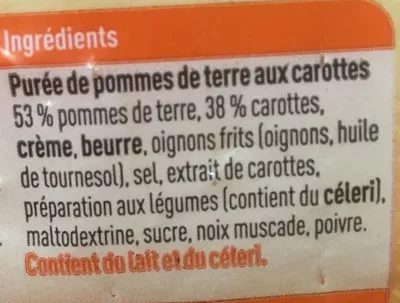 List of product ingredients Purée de pommes de terre aux carottes  