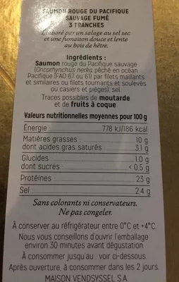 Liste des ingrédients du produit Saumon rouge du pacifique sauvage fume Le Fumoir du Poissonnier 