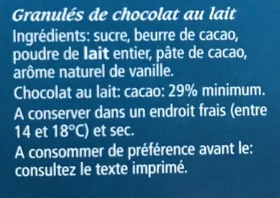 Liste des ingrédients du produit Granules Lait Jacques Chocolatier 