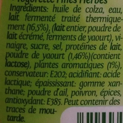List of product ingredients Yogorette Vandemoortele 450 ml
