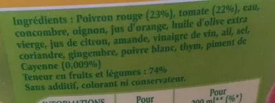 Liste des ingrédients du produit Soupe Froide au poivron rouge & piment doux Alvalle 1 L