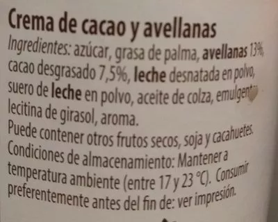 Liste des ingrédients du produit Crema de cacao y avellanas Pralinutta 750 g