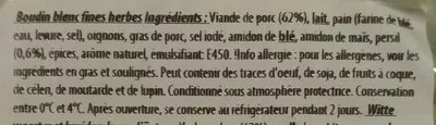List of product ingredients Boudin blanc fines herbes aubel 300g