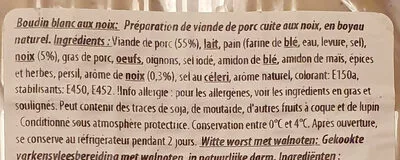 Lista de ingredientes del producto Boudin blanc noix Aubel 300 g