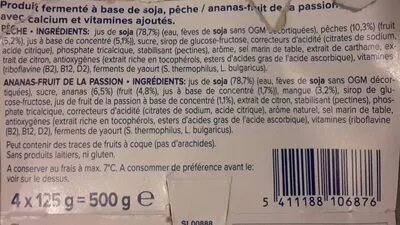 Lista de ingredientes del producto Yaourt au soja saveur pêche/fruits exotiques Alpro 4x125g, 500g