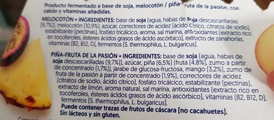Liste des ingrédients du produit Yogurt a base de soja melocotón 2x piña-fruta de la pasión Alpro 500 g (4 x 125 g)