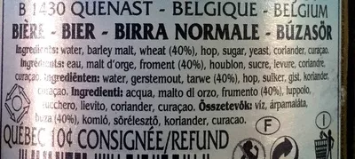 Lista de ingredientes del producto Bière blanche Blanche de Bruxelles 330 ml