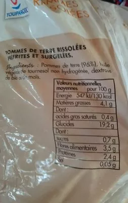 List of product ingredients Pomme de terre rissolées prefrites Toupargel 