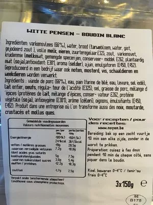 Liste des ingrédients du produit Boudin blanc Noyen 