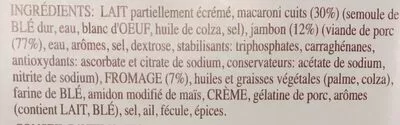 List of product ingredients Gratin macaroni jambon  