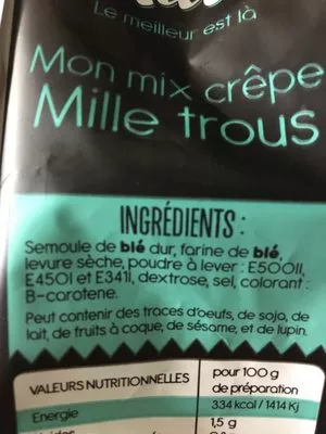 Lista de ingredientes del producto Préparation Crêpes Mille Trous Milia 100 g