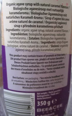 Lista de ingredientes del producto Sirop d'agave saveur caramel Bee&Cee 350 g
