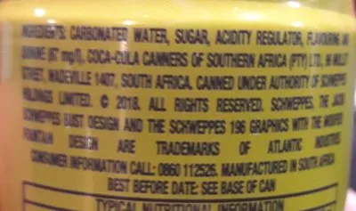 Lista de ingredientes del producto Schweppes Tonic Water 200ml 1Ea 200 ML Schweppes 200 mL