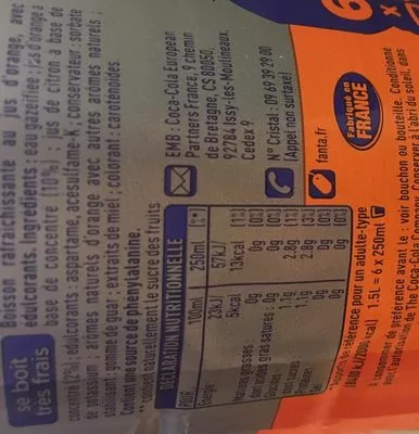Liste des ingrédients du produit Fanta zéro Orange Fanta, Coca-Cola Compagny 1,5 l
