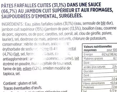 Lista de ingredientes del producto Gratin de farfalles jambon emmental  