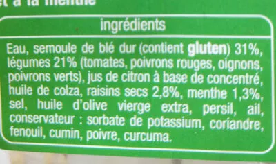 Lista de ingredientes del producto taboulé oriental Auchan 300 g