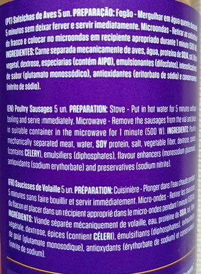 Lista de ingredientes del producto Salsiches de Aves izidoro 400 g (245 g peso escorrido)