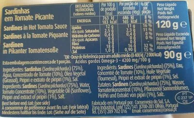 Lista de ingredientes del producto Manná Sardinhas Em Tomate Picante Manná, Conserveira do Sul 120 g
