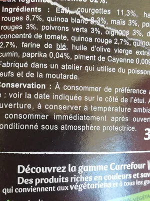 Liste des ingrédients du produit Trio de Quinoa aux haricots rouges poivrons maïs et paprika Carrefour 300 g