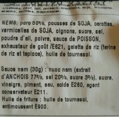 List of product ingredients Nem porc  
