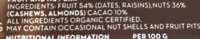 Lista de ingredientes del producto Rawbite The Organic Fruit & Nut Bite Cacao Raw Bite 50 g