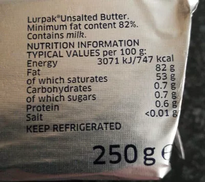 List of product ingredients Lurpak unsalted butter Lurpak 250 g