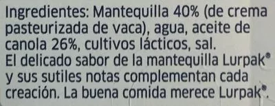 List of product ingredients MANTEQUILLA UNTABLE BAJA EN GRASA LURPAK 250 G