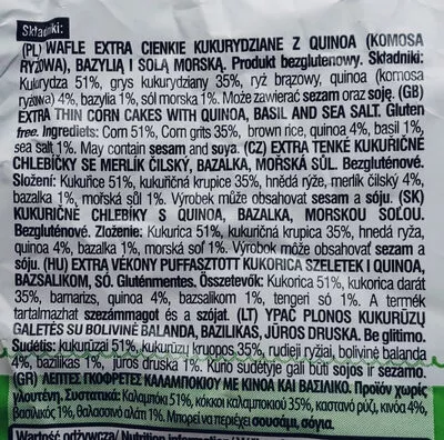 Lista de ingredientes del producto Wafle kukurydziane Good Food 105 g