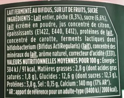 Liste des ingrédients du produit Activia Lait fermenté nature sur lit de pêche les 2 pots de 120 g Danone,  Activia 240 g (2*120g)