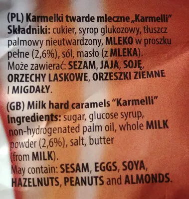 Lista de ingredientes del producto Karmelki twarde mleczne Cukiernicza Spółdzielnia Inwalidów Jedność 100 g